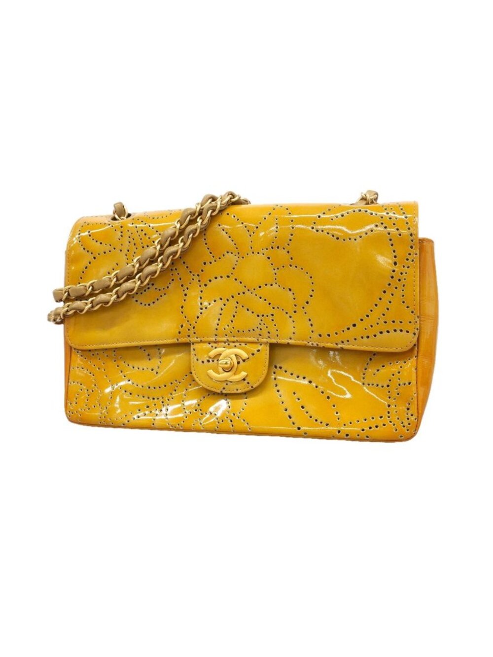 Chanel Shoulder Bag Perforated Patent Leather Yellow Gold